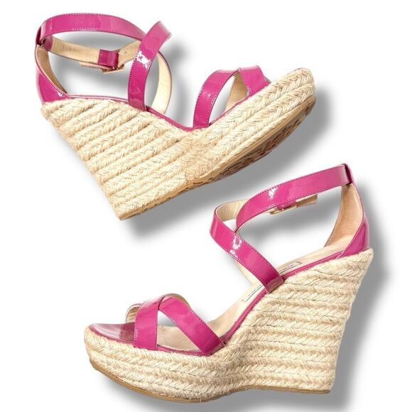 Jimmy Choo Dark Pink Patent Leather Porto Espadrille Platform Wedge Sandals 38 - Picture 4 of 12